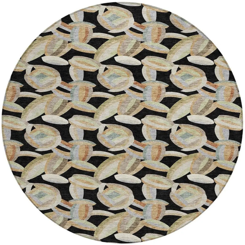 8' Black And Ivory Round Abstract Washable Indoor Outdoor Area Rug Homeroots Outdoor