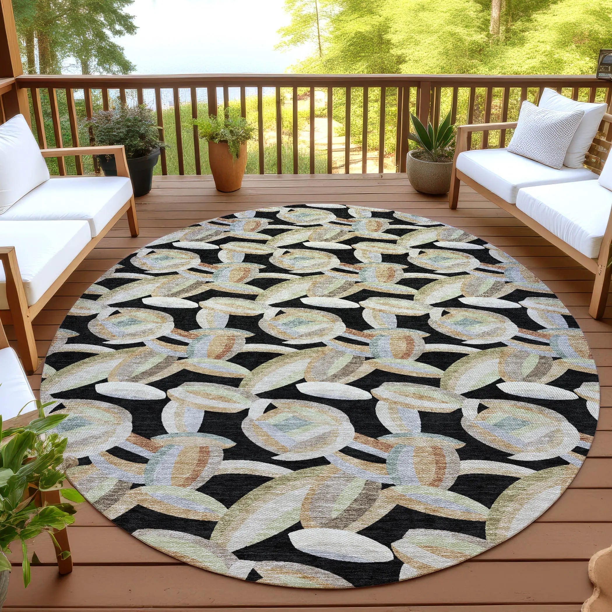 8' Black And Ivory Round Abstract Washable Indoor Outdoor Area Rug Homeroots Outdoor