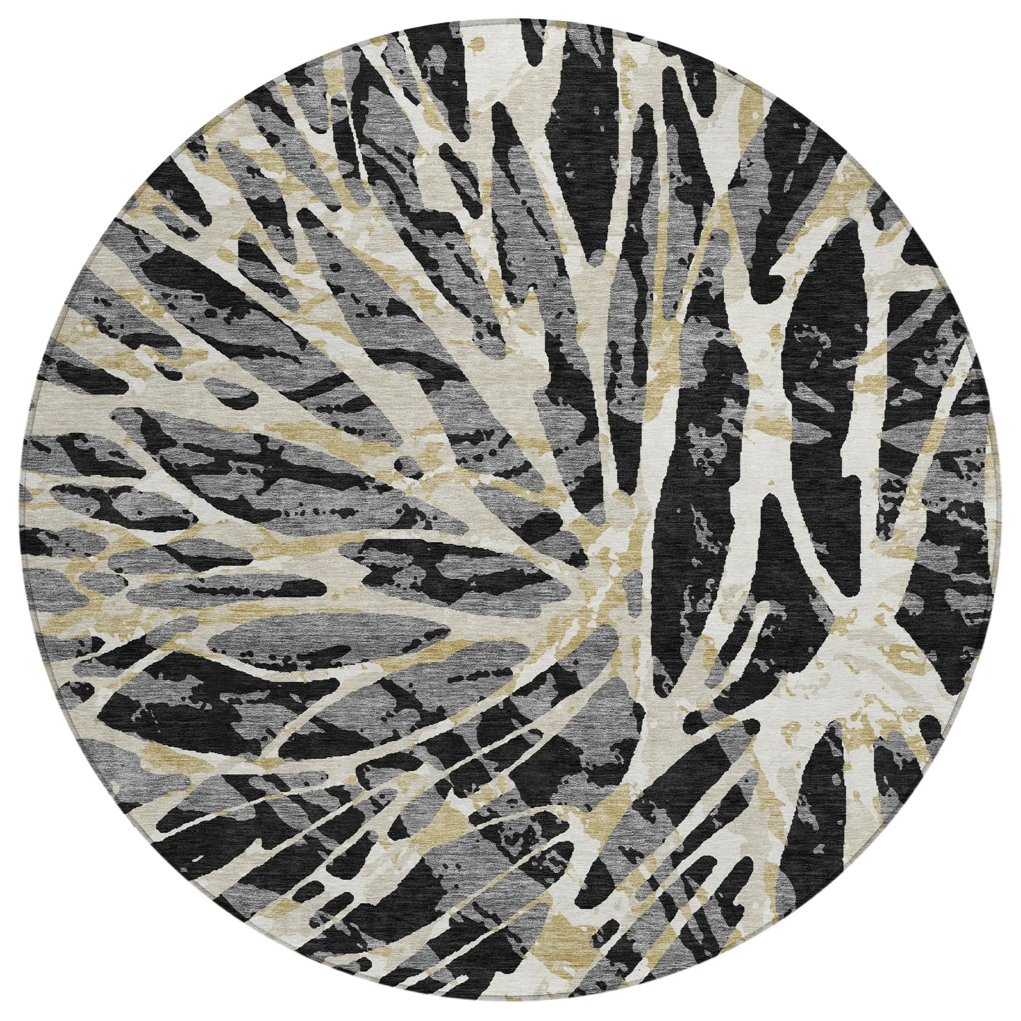 8' Black And Ivory Round Abstract Washable Indoor Outdoor Area Rug Homeroots Outdoor