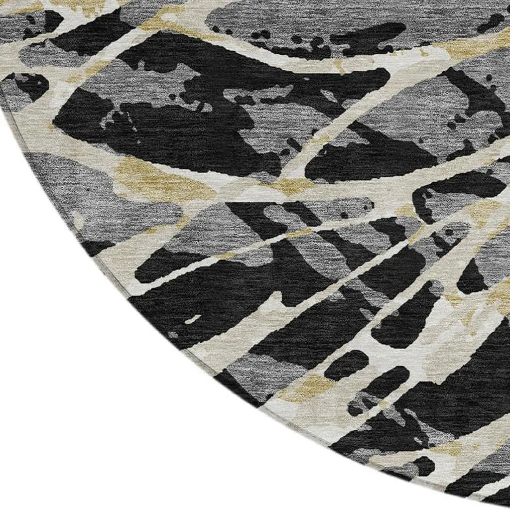 8' Black And Ivory Round Abstract Washable Indoor Outdoor Area Rug Homeroots Outdoor