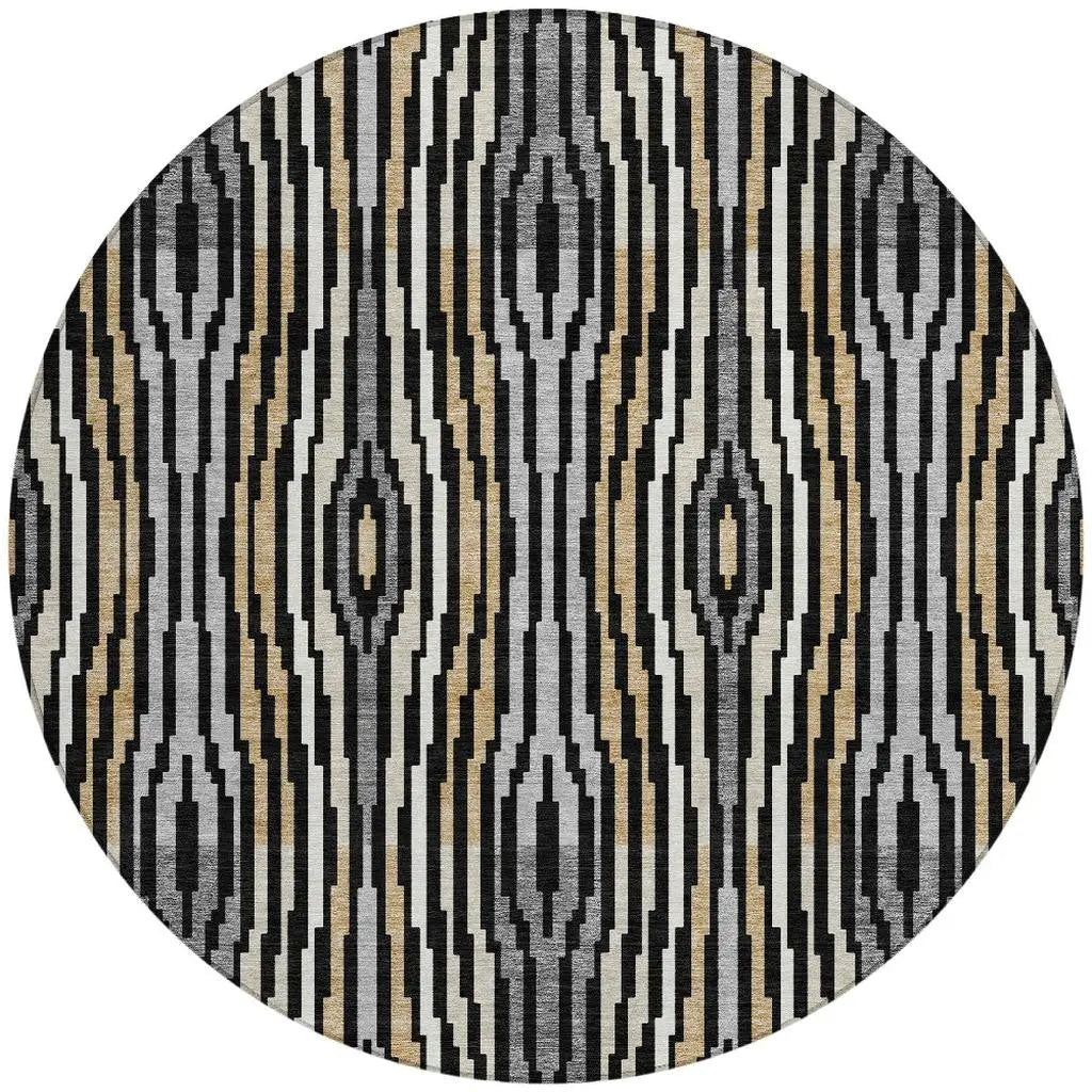 8' Black And Ivory Round Abstract Washable Indoor Outdoor Area Rug Homeroots Outdoor