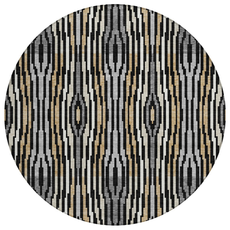 8' Black And Ivory Round Abstract Washable Indoor Outdoor Area Rug Homeroots Outdoor