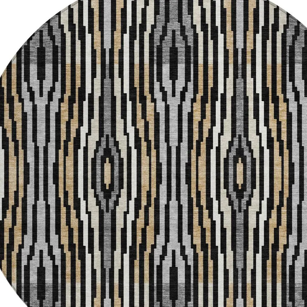 8' Black And Ivory Round Abstract Washable Indoor Outdoor Area Rug Homeroots Outdoor