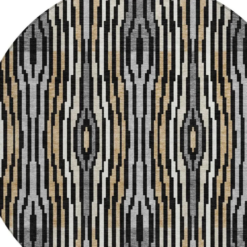8' Black And Ivory Round Abstract Washable Indoor Outdoor Area Rug Homeroots Outdoor