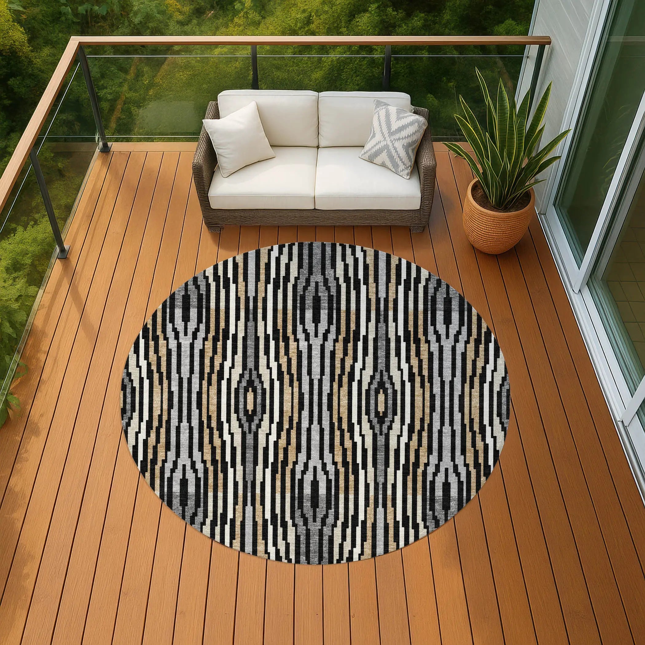 8' Black And Ivory Round Abstract Washable Indoor Outdoor Area Rug Homeroots Outdoor