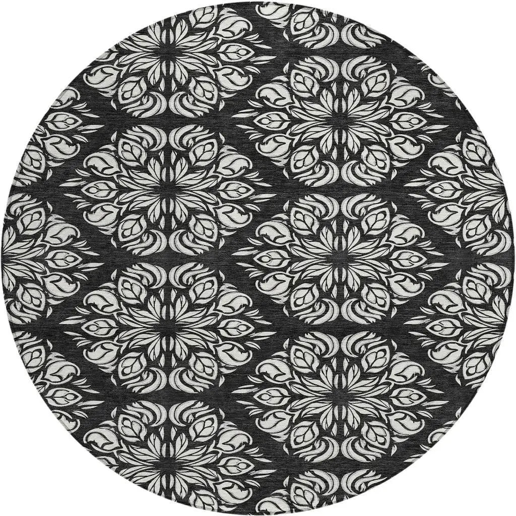 8' Black And Ivory Round Damask Washable Indoor Outdoor Area Rug Homeroots Outdoor