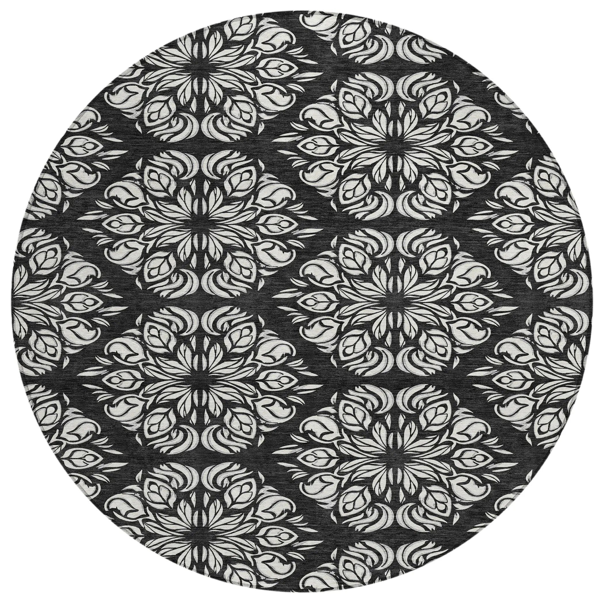 8' Black And Ivory Round Damask Washable Indoor Outdoor Area Rug Homeroots Outdoor