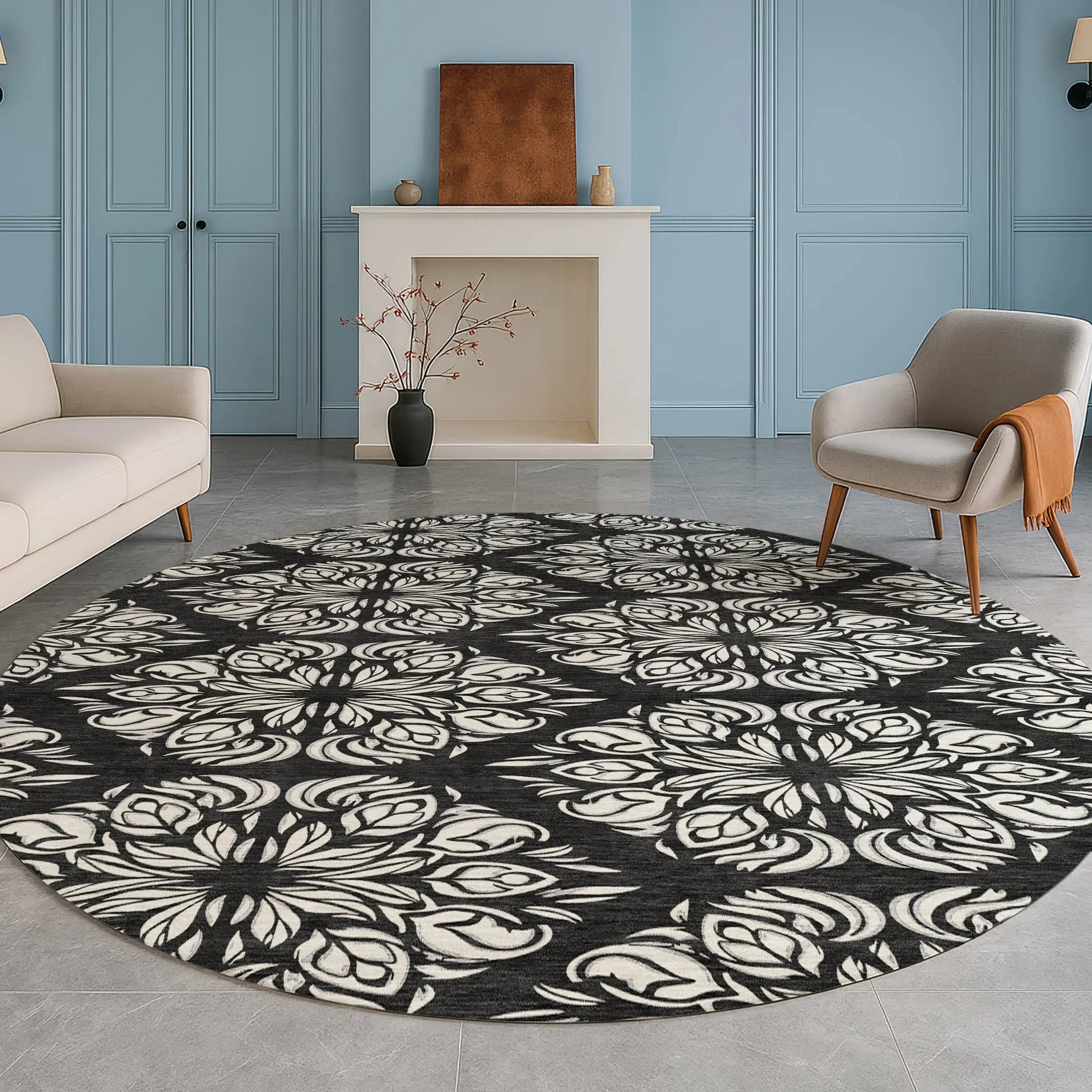 8' Black And Ivory Round Damask Washable Indoor Outdoor Area Rug Homeroots Outdoor