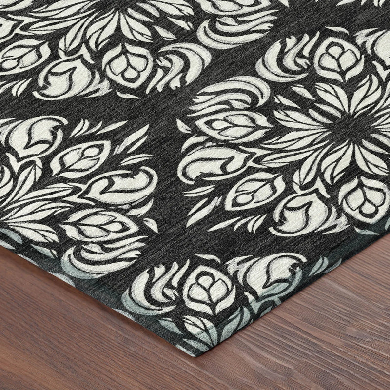 8' Black And Ivory Round Damask Washable Indoor Outdoor Area Rug Homeroots Outdoor