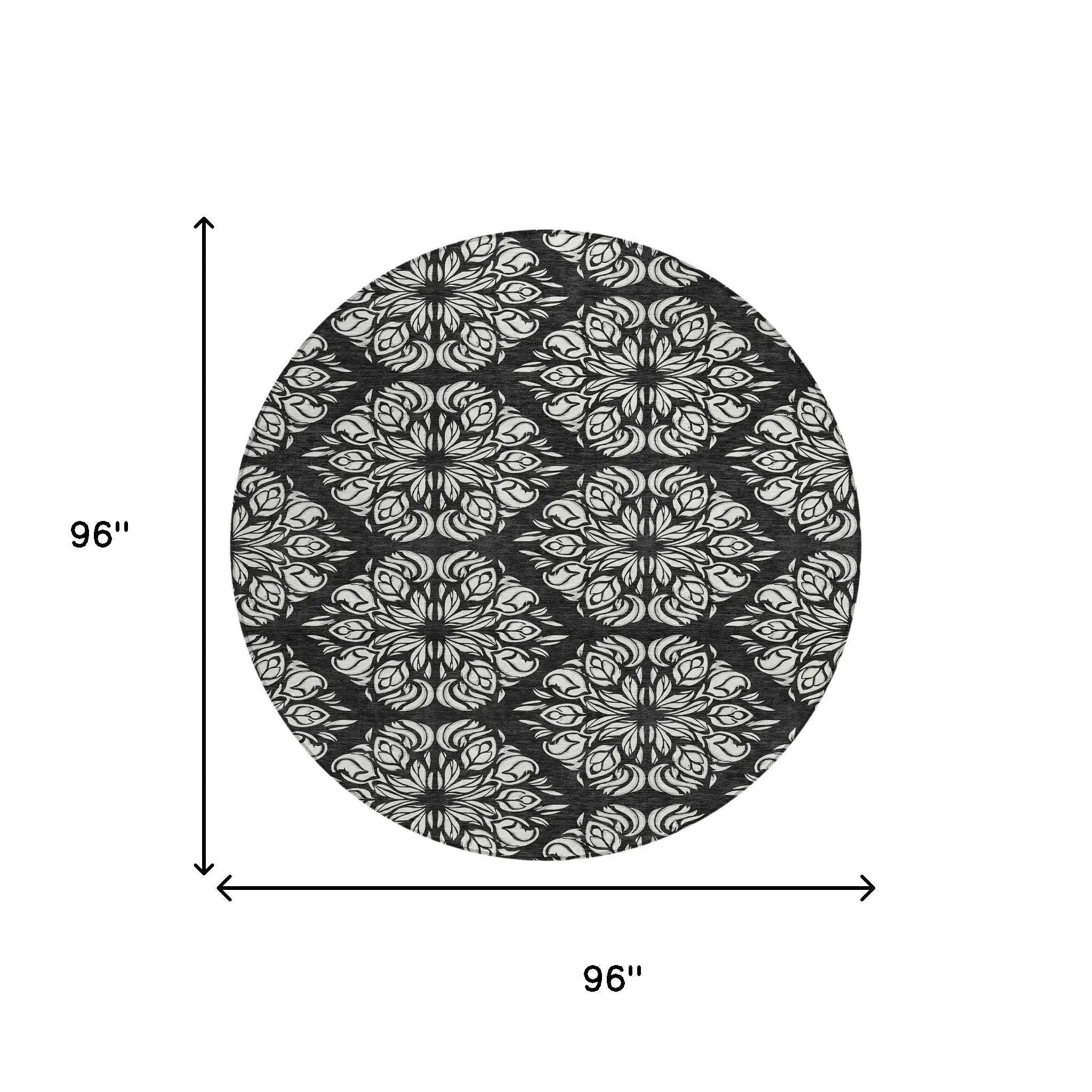 8' Black And Ivory Round Damask Washable Indoor Outdoor Area Rug Homeroots Outdoor