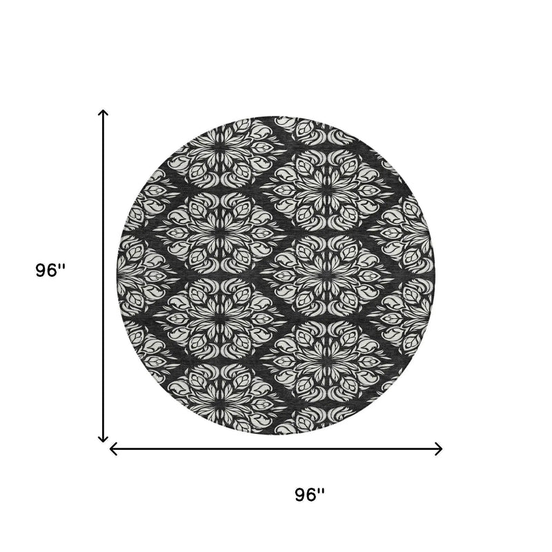 8' Black And Ivory Round Damask Washable Indoor Outdoor Area Rug Homeroots Outdoor
