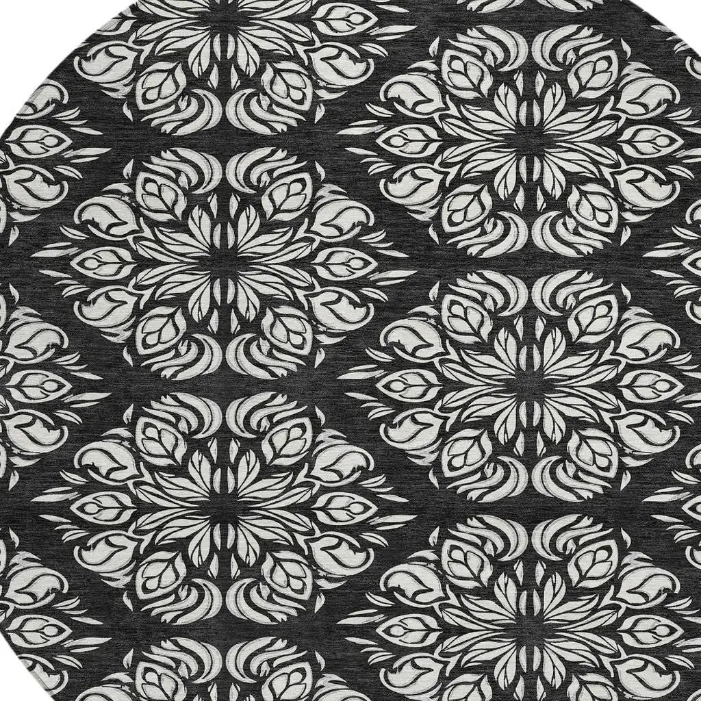 8' Black And Ivory Round Damask Washable Indoor Outdoor Area Rug Homeroots Outdoor