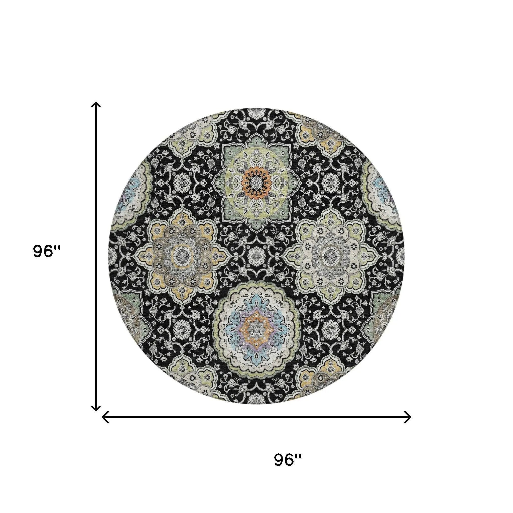 8' Black And Ivory Round Floral Medallion Washable Indoor Outdoor Area Rug Homeroots Outdoor