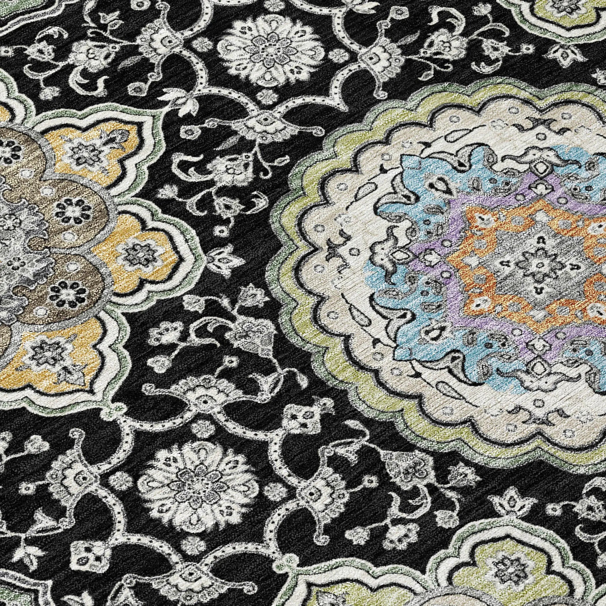 8' Black And Ivory Round Floral Medallion Washable Indoor Outdoor Area Rug Homeroots Outdoor