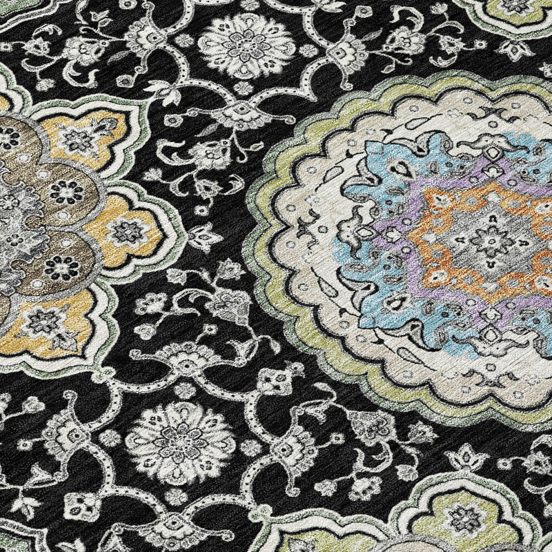 8' Black And Ivory Round Floral Medallion Washable Indoor Outdoor Area Rug Homeroots Outdoor