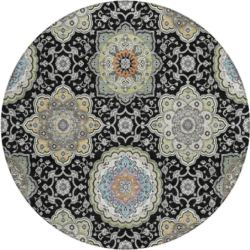 8' Black And Ivory Round Floral Medallion Washable Indoor Outdoor Area Rug Homeroots Outdoor