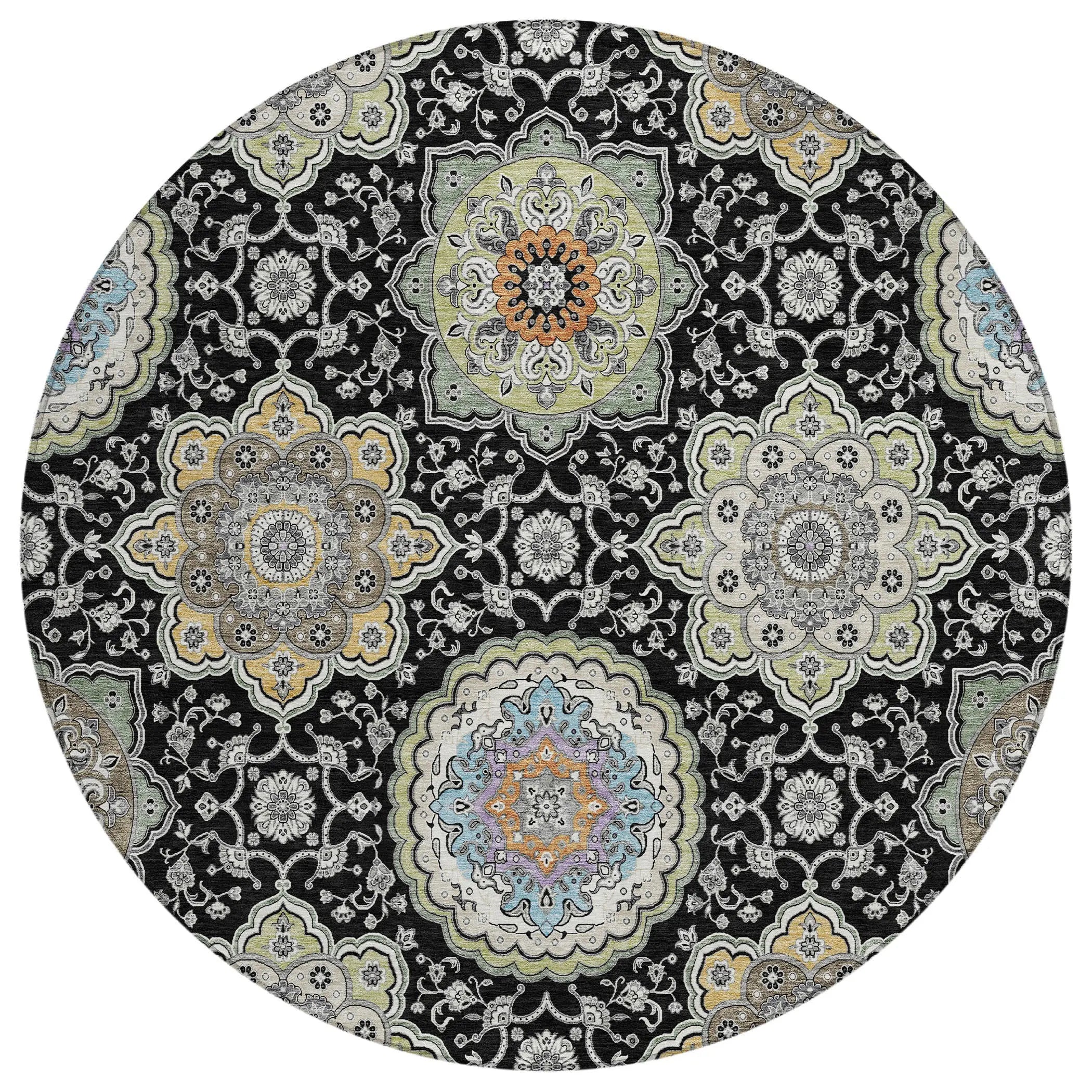 8' Black And Ivory Round Floral Medallion Washable Indoor Outdoor Area Rug Homeroots Outdoor