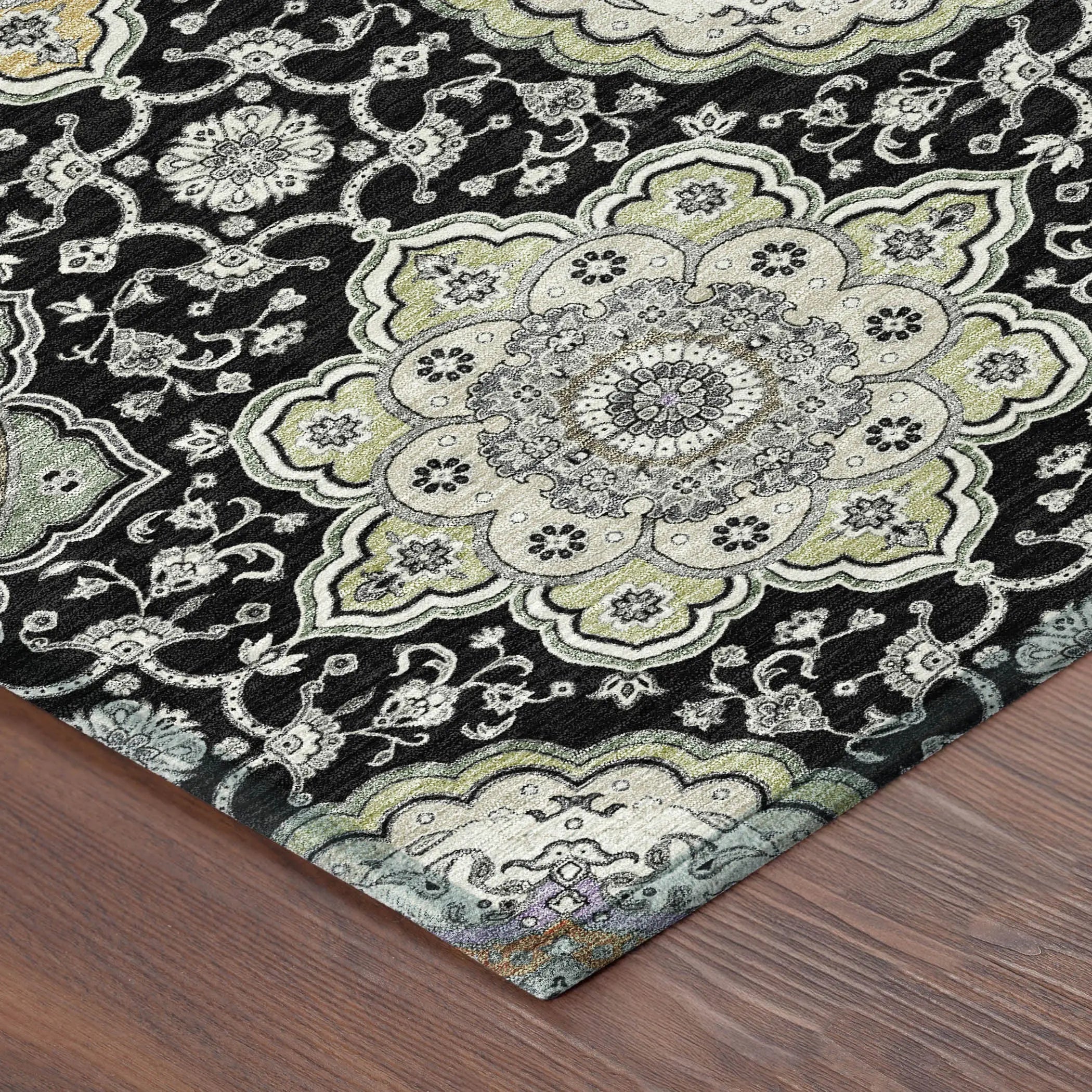 8' Black And Ivory Round Floral Medallion Washable Indoor Outdoor Area Rug Homeroots Outdoor