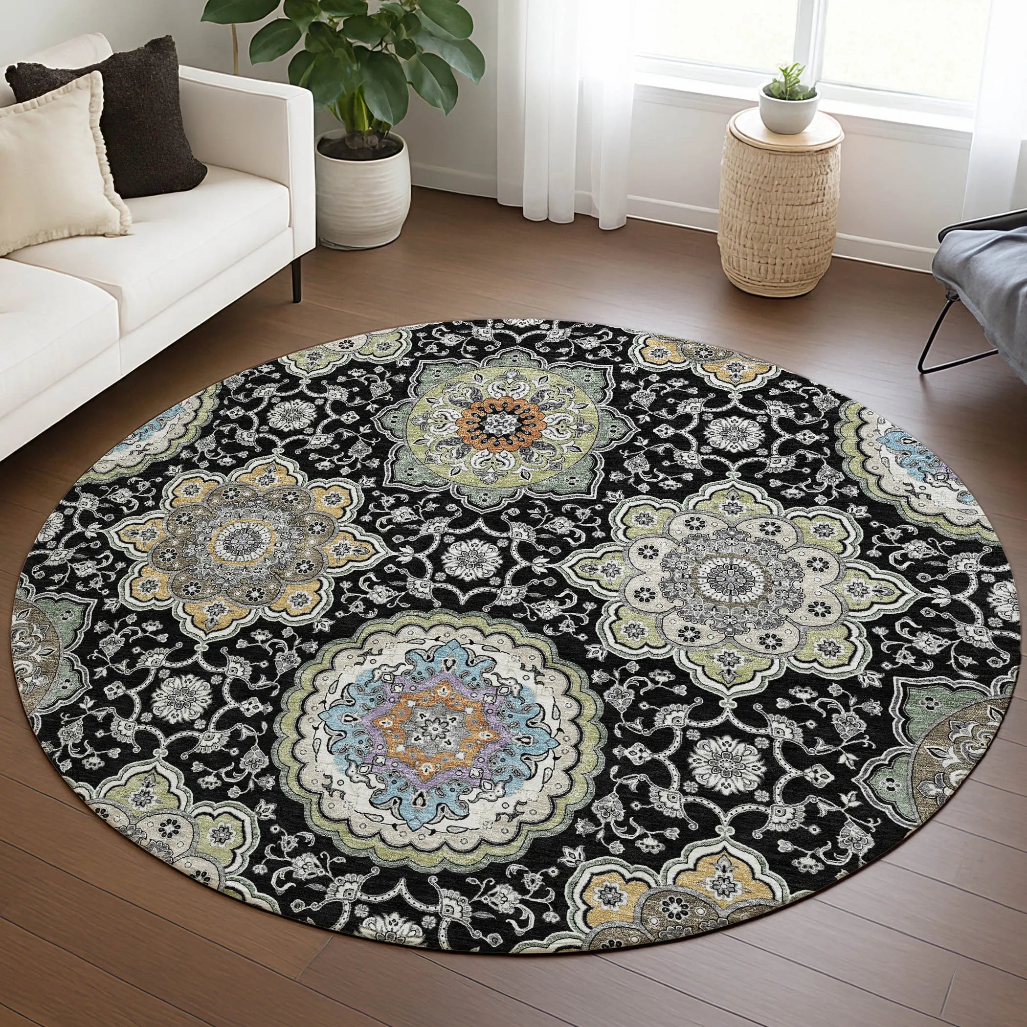8' Black And Ivory Round Floral Medallion Washable Indoor Outdoor Area Rug Homeroots Outdoor