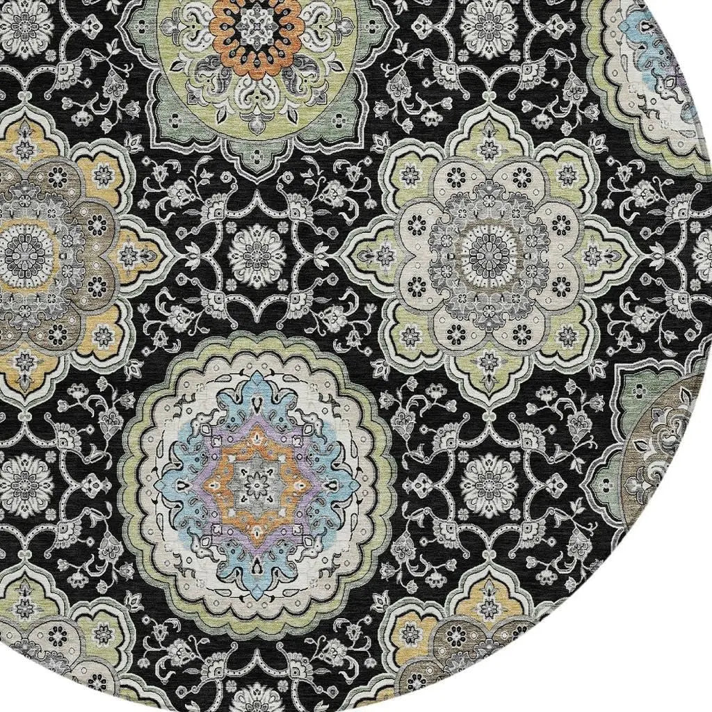 8' Black And Ivory Round Floral Medallion Washable Indoor Outdoor Area Rug Homeroots Outdoor