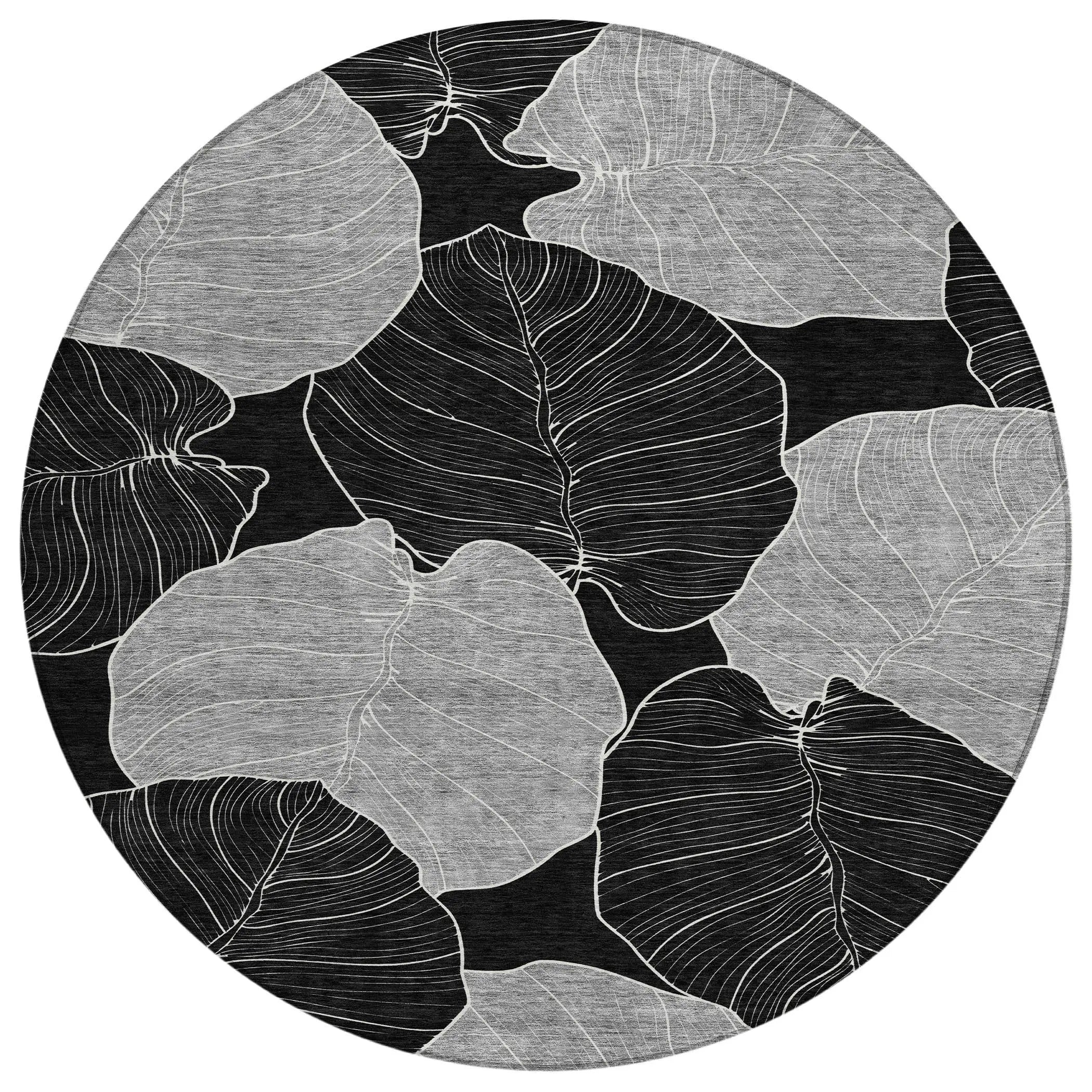8' Black And Ivory Round Floral Washable Indoor Outdoor Area Rug Homeroots Outdoor