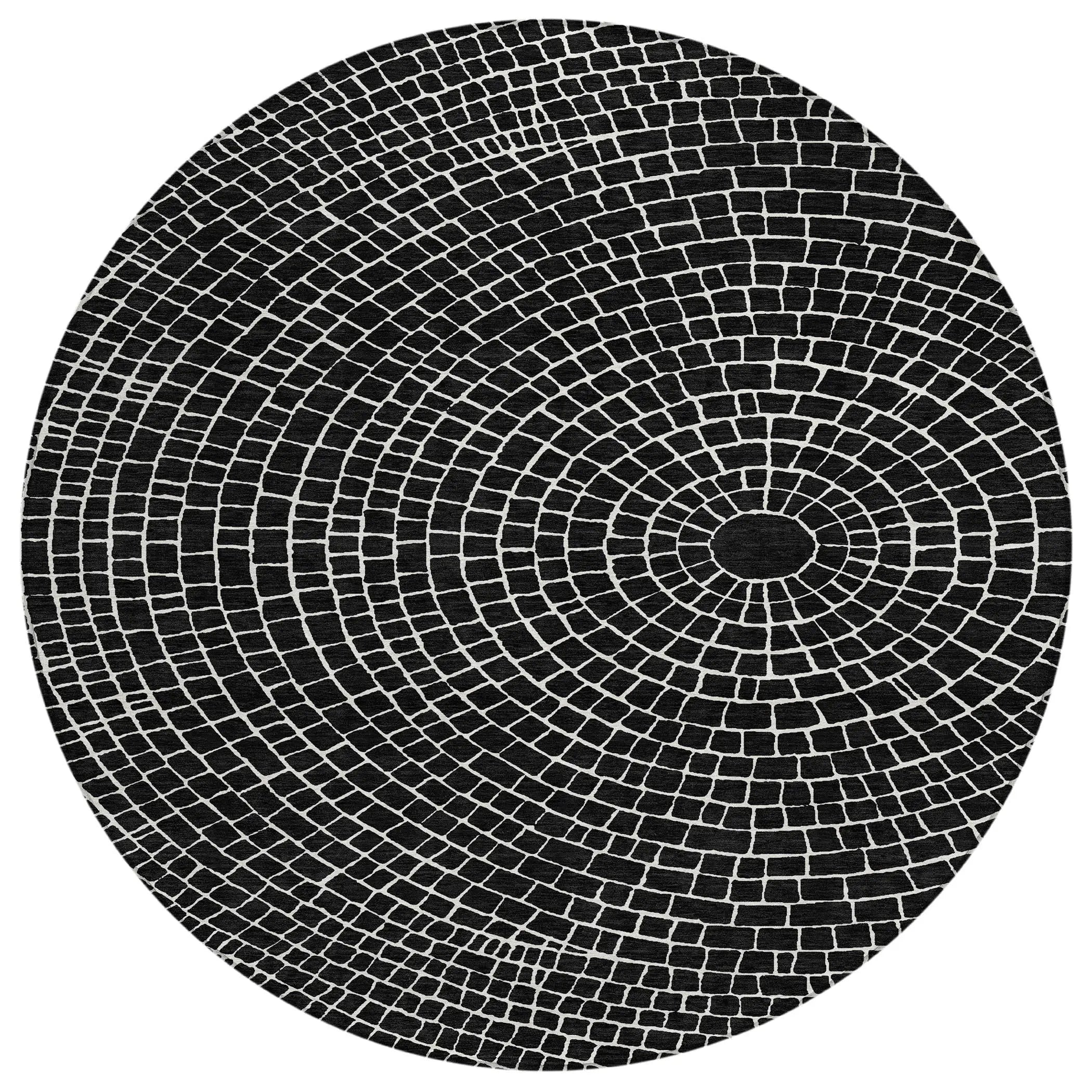 8' Black And Ivory Round Geometric Washable Indoor Outdoor Area Rug Homeroots Outdoor