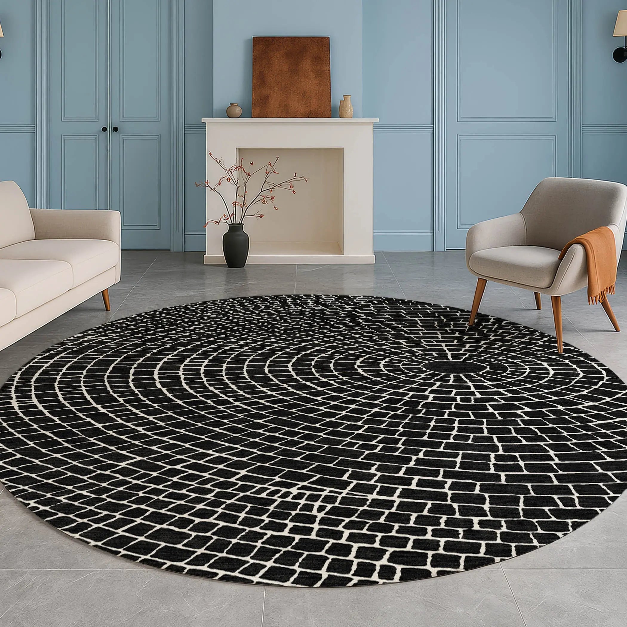 8' Black And Ivory Round Geometric Washable Indoor Outdoor Area Rug Homeroots Outdoor