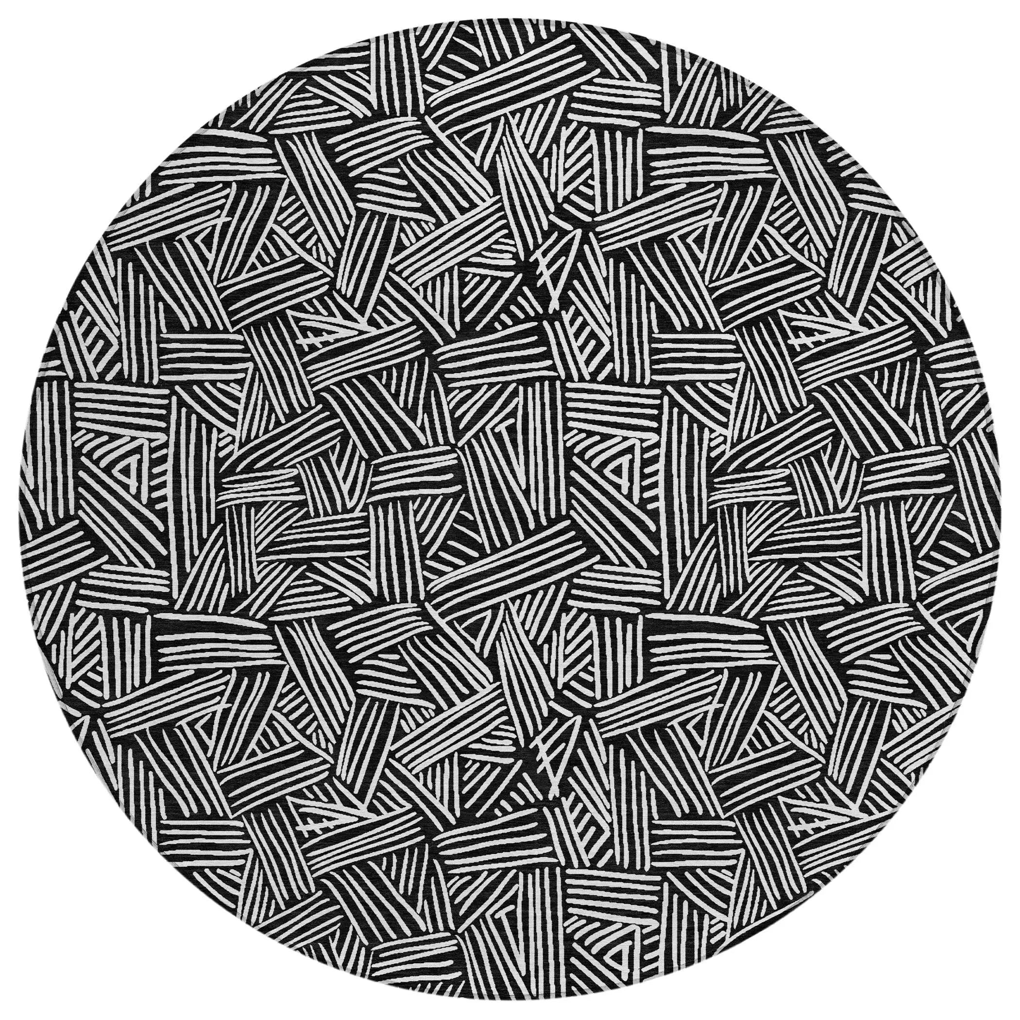 8' Black And Ivory Round Geometric Washable Indoor Outdoor Area Rug Homeroots Outdoor