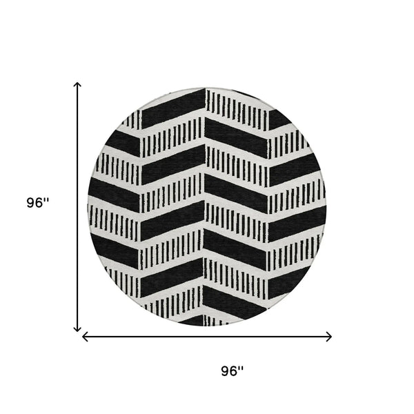 8' Black And Ivory Round Geometric Washable Indoor Outdoor Area Rug Homeroots Outdoor