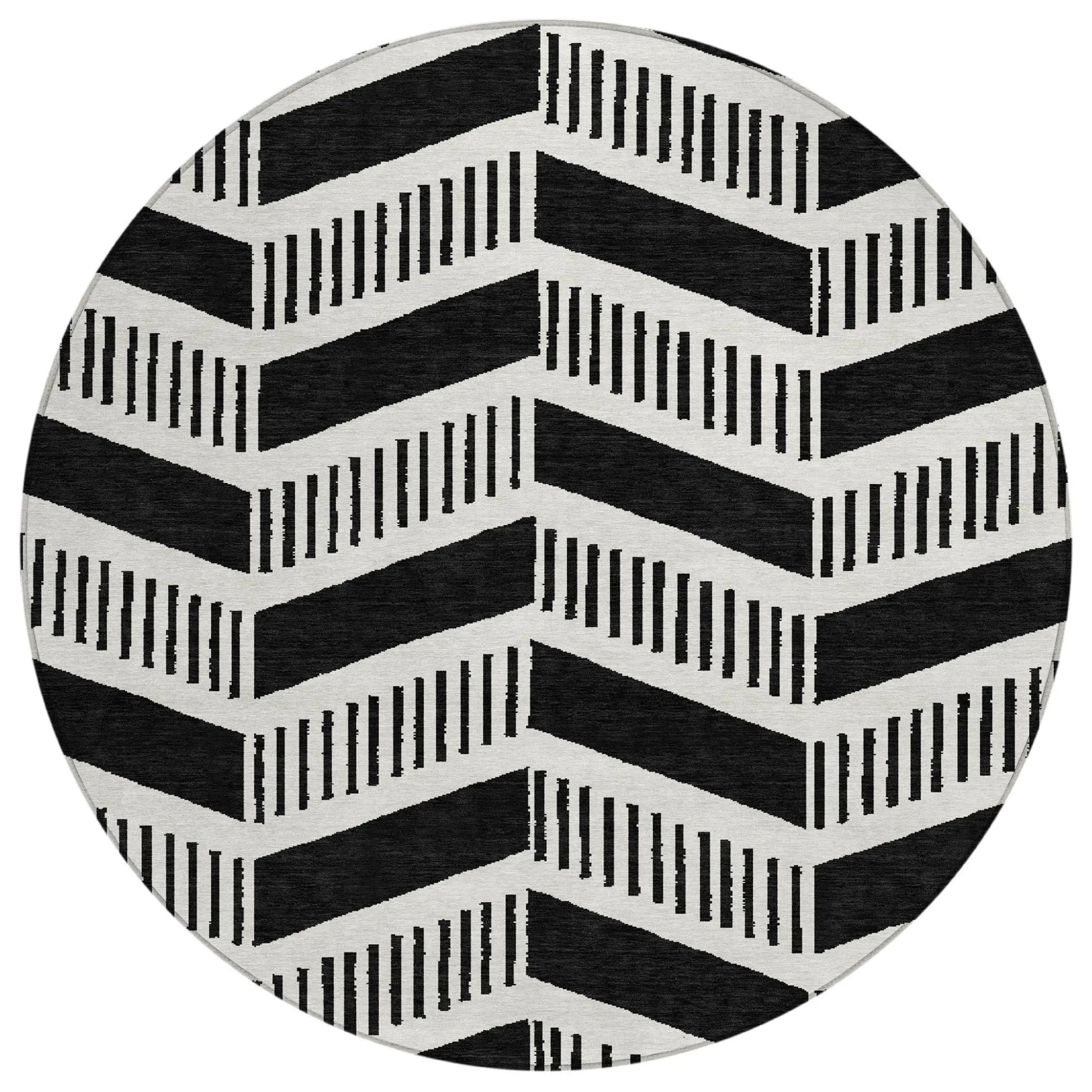 8' Black And Ivory Round Geometric Washable Indoor Outdoor Area Rug Homeroots Outdoor