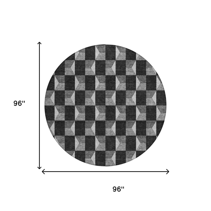 8' Black And Ivory Round Geometric Washable Indoor Outdoor Area Rug Homeroots Outdoor