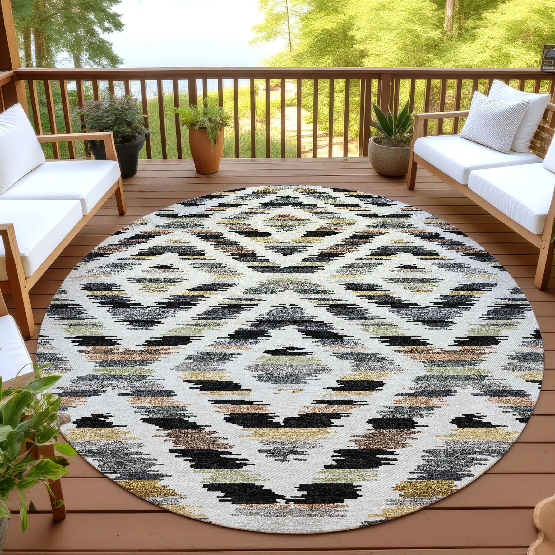 8' Black And Ivory Round Tribal Washable Indoor Outdoor Area Rug Homeroots Outdoor
