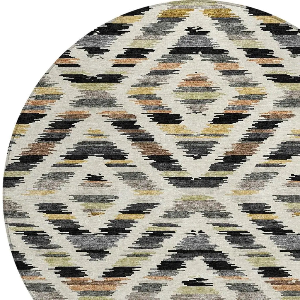 8' Black And Ivory Round Tribal Washable Indoor Outdoor Area Rug Homeroots Outdoor