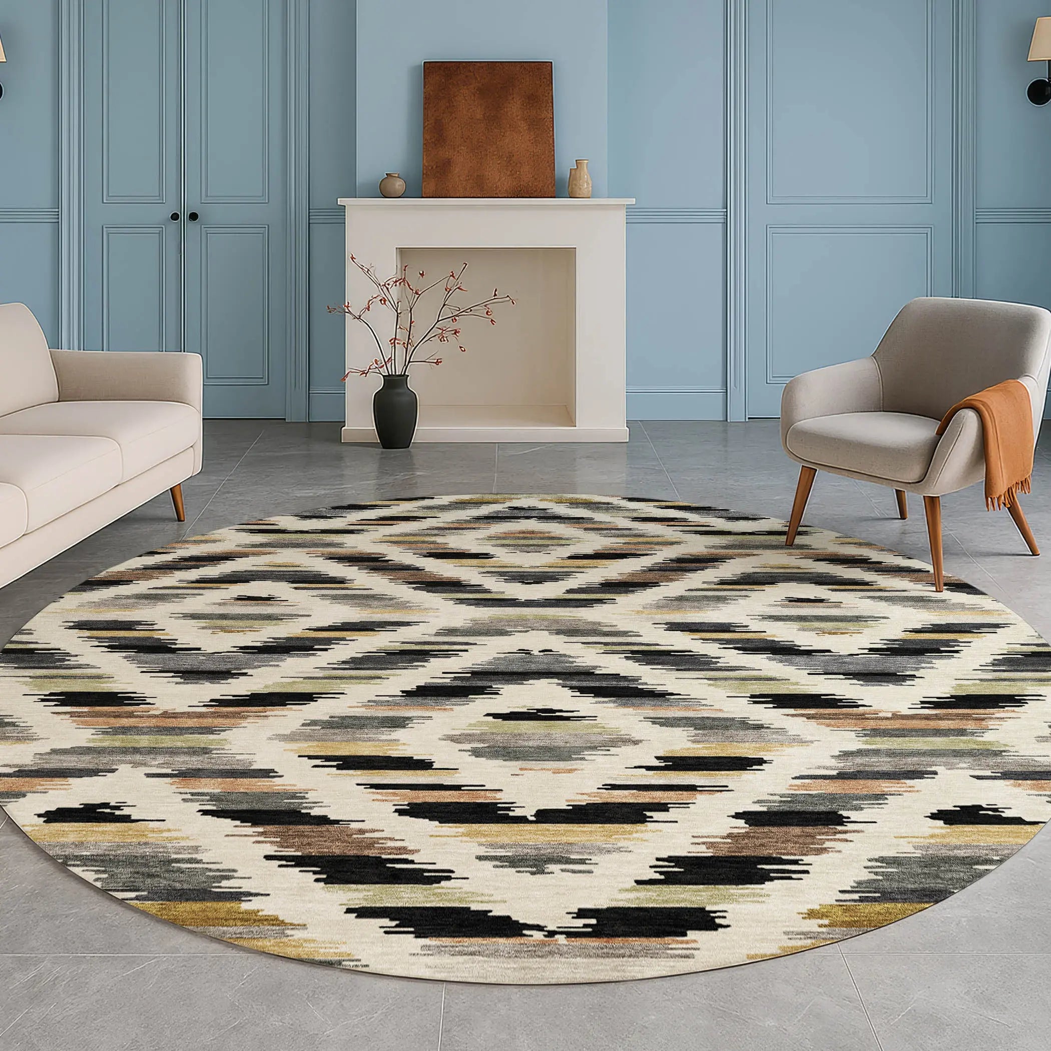8' Black And Ivory Round Tribal Washable Indoor Outdoor Area Rug Homeroots Outdoor