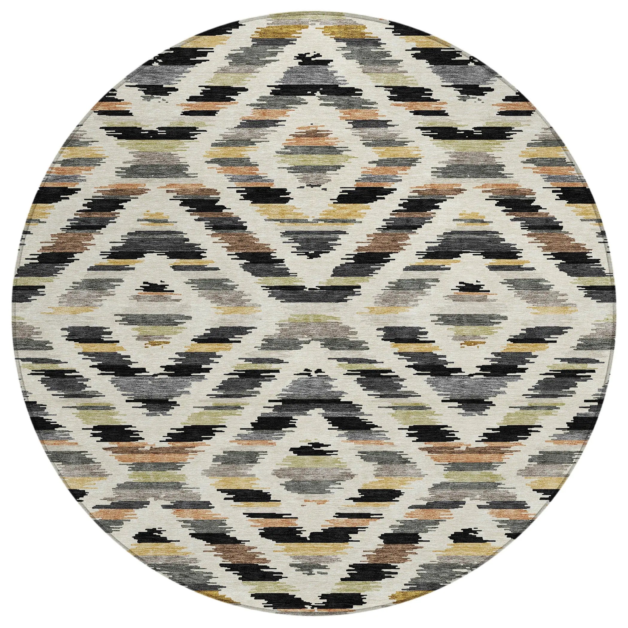 8' Black And Ivory Round Tribal Washable Indoor Outdoor Area Rug Homeroots Outdoor