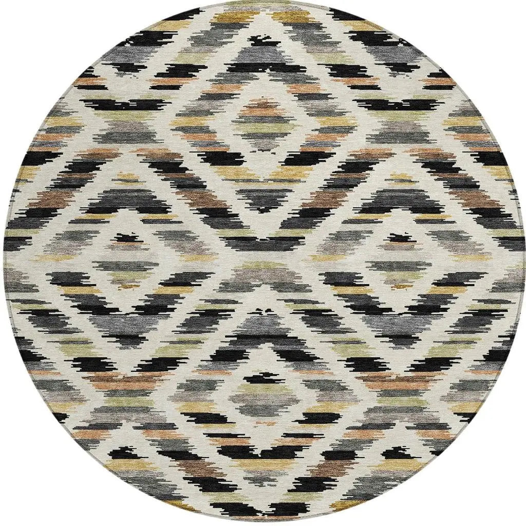 8' Black And Ivory Round Tribal Washable Indoor Outdoor Area Rug Homeroots Outdoor