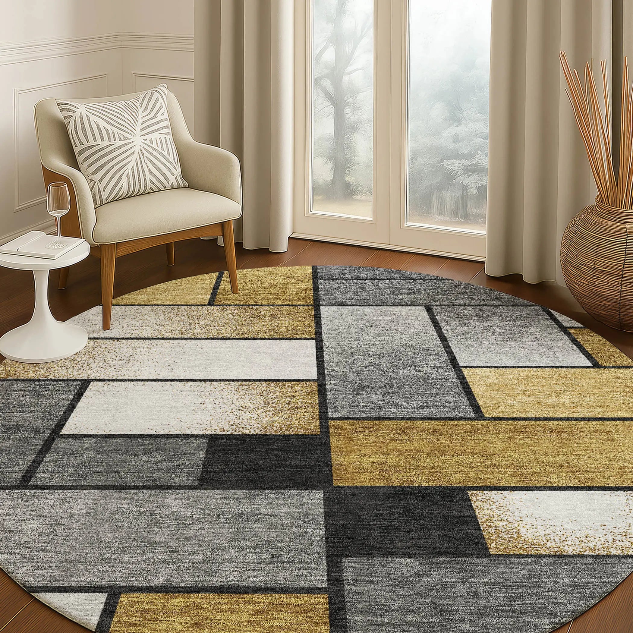 8' Black And Khaki Round Geometric Washable Indoor Outdoor Area Rug Homeroots Outdoor