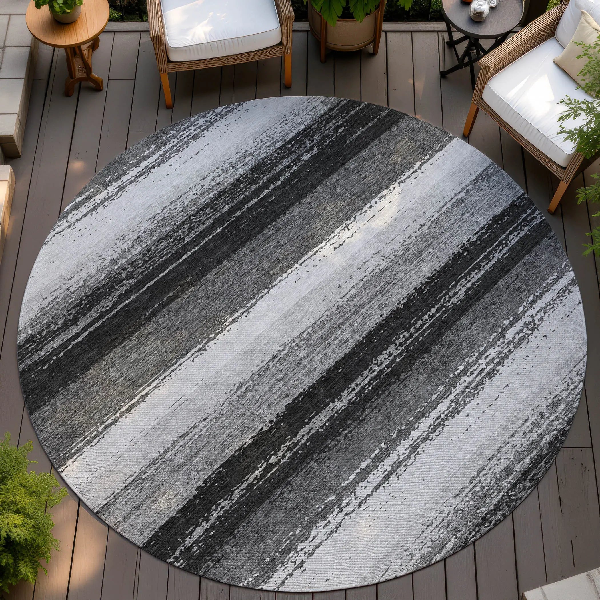 8' Black And Khaki Round Striped Washable Indoor Outdoor Area Rug Homeroots Outdoor