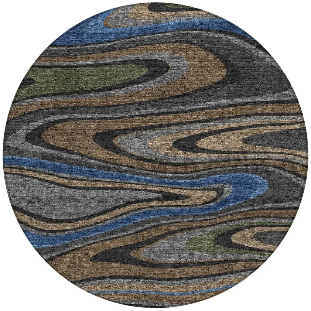 8' Black And Navy Blue Round Abstract Washable Indoor Outdoor Area Rug Homeroots Outdoor