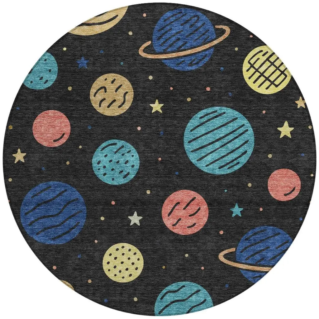 8' Black And Navy Blue Round Floral Washable Indoor Outdoor Area Rug Homeroots Outdoor