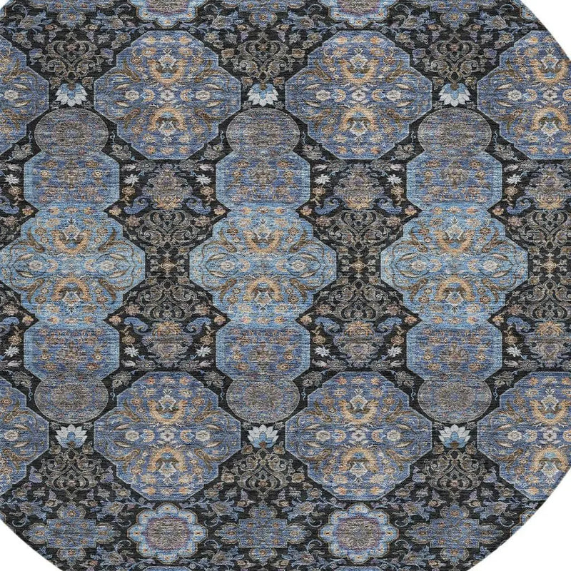 8' Black And Navy Blue Round Floral Washable Indoor Outdoor Area Rug Homeroots Outdoor
