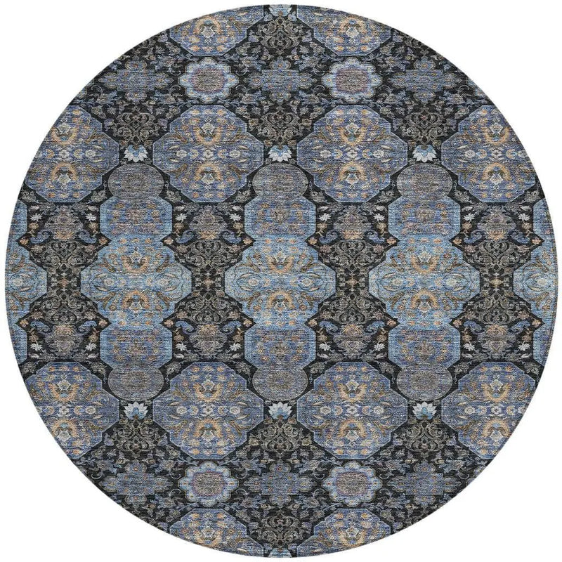 8' Black And Navy Blue Round Floral Washable Indoor Outdoor Area Rug Homeroots Outdoor