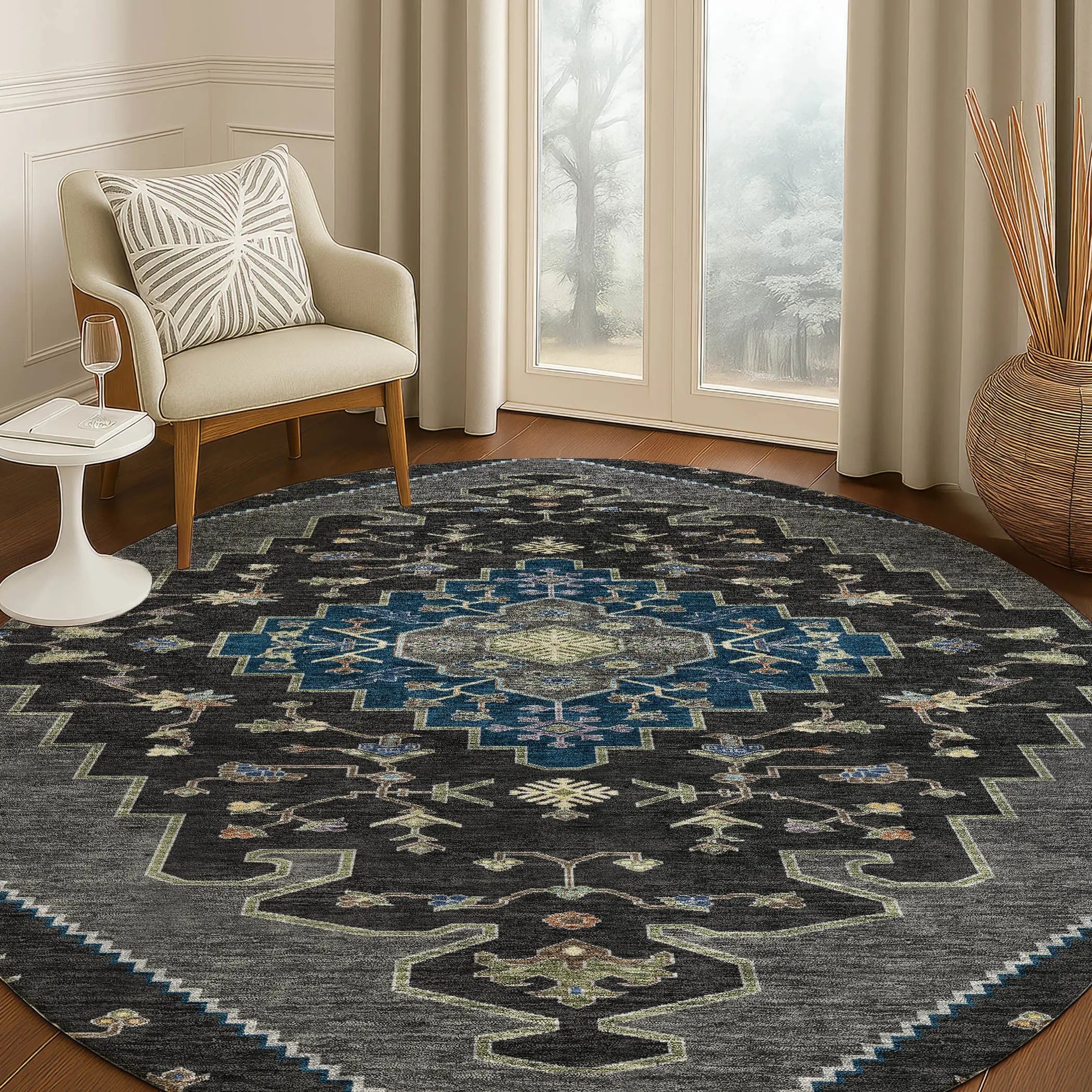 8' Black And Navy Blue Round Geometric Washable Indoor Outdoor Area Rug Homeroots Outdoor