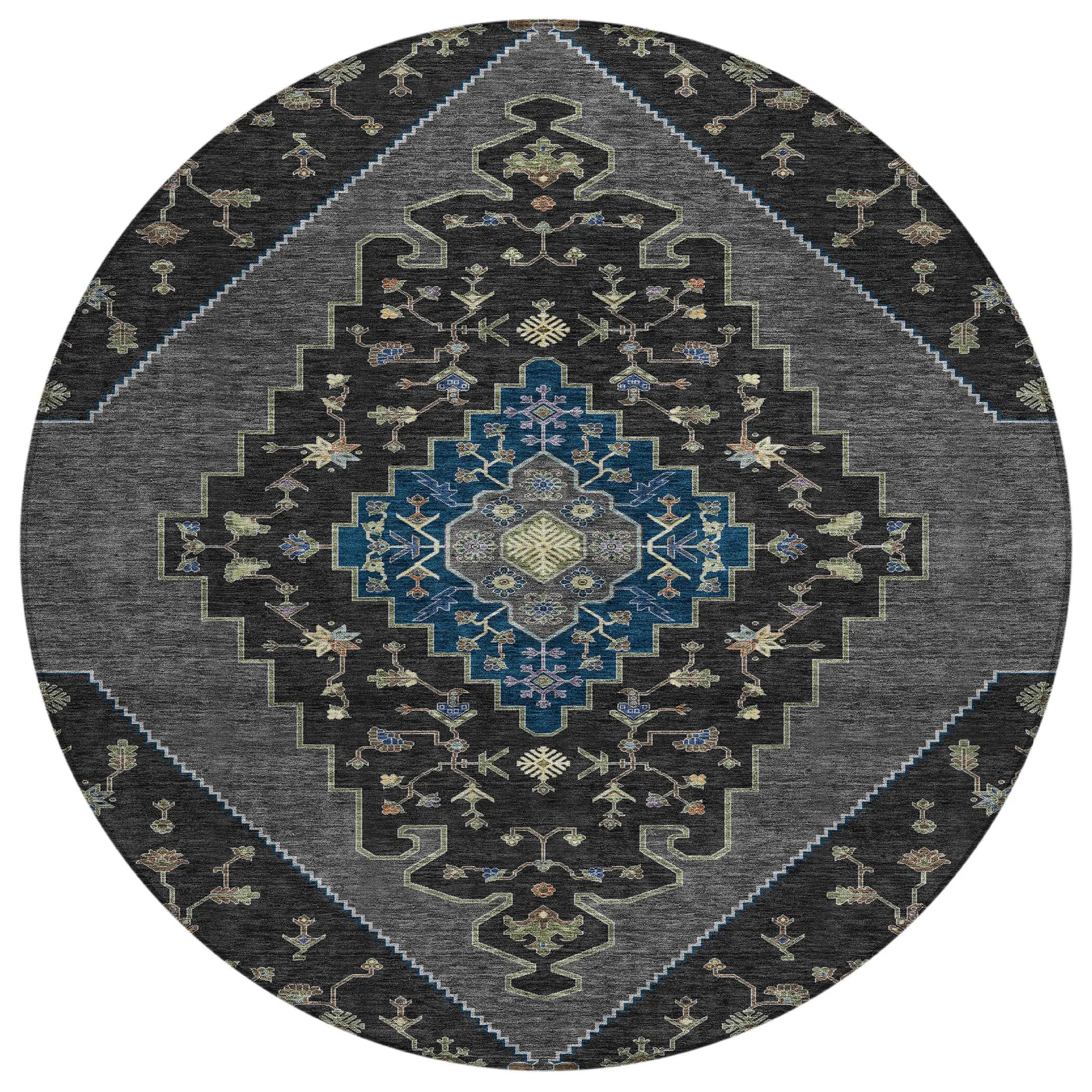 8' Black And Navy Blue Round Geometric Washable Indoor Outdoor Area Rug Homeroots Outdoor
