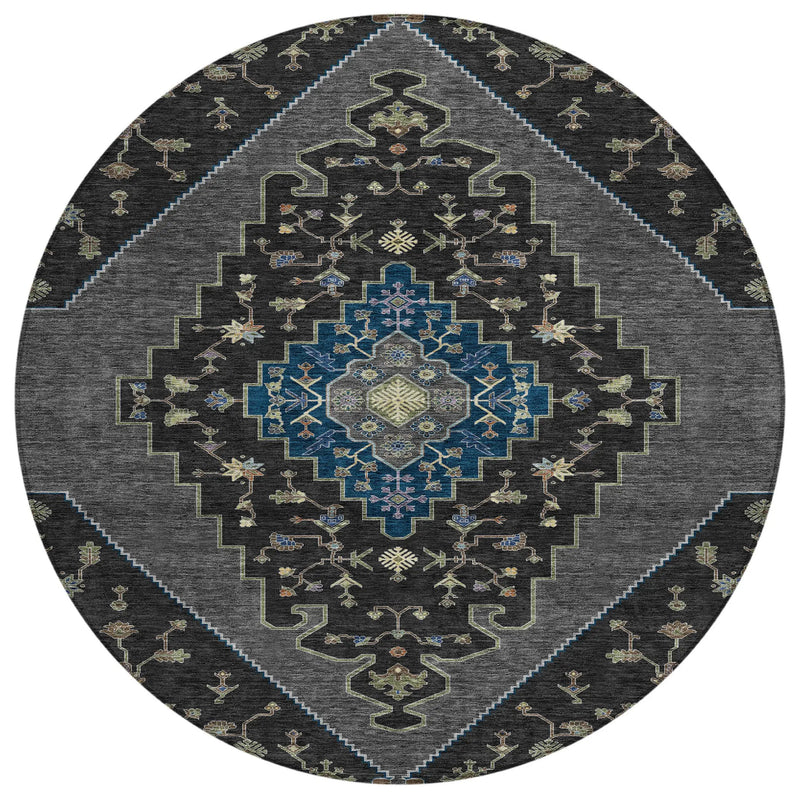 8' Black And Navy Blue Round Geometric Washable Indoor Outdoor Area Rug Homeroots Outdoor