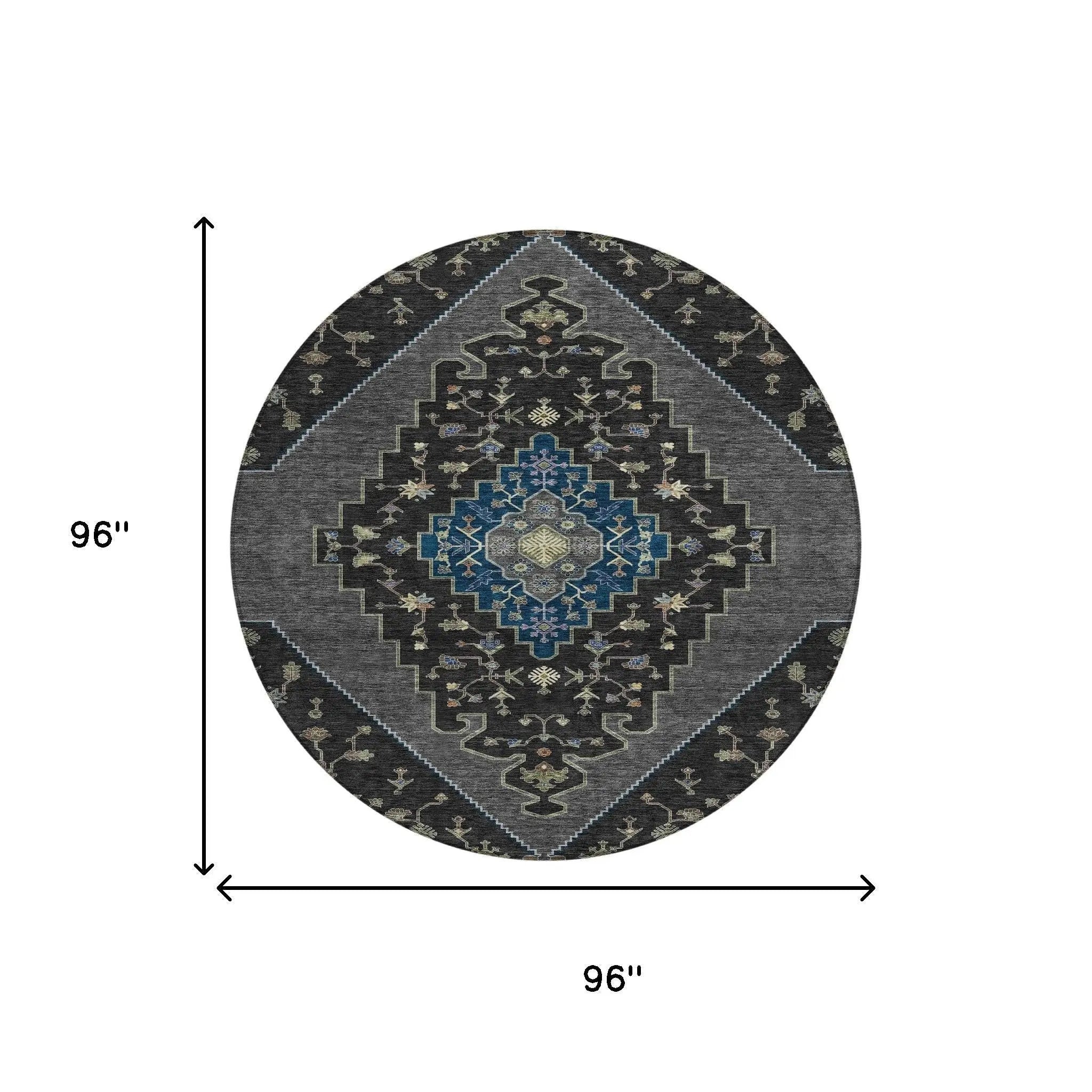 8' Black And Navy Blue Round Geometric Washable Indoor Outdoor Area Rug Homeroots Outdoor