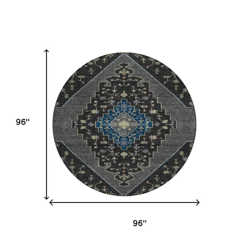 8' Black And Navy Blue Round Geometric Washable Indoor Outdoor Area Rug Homeroots Outdoor