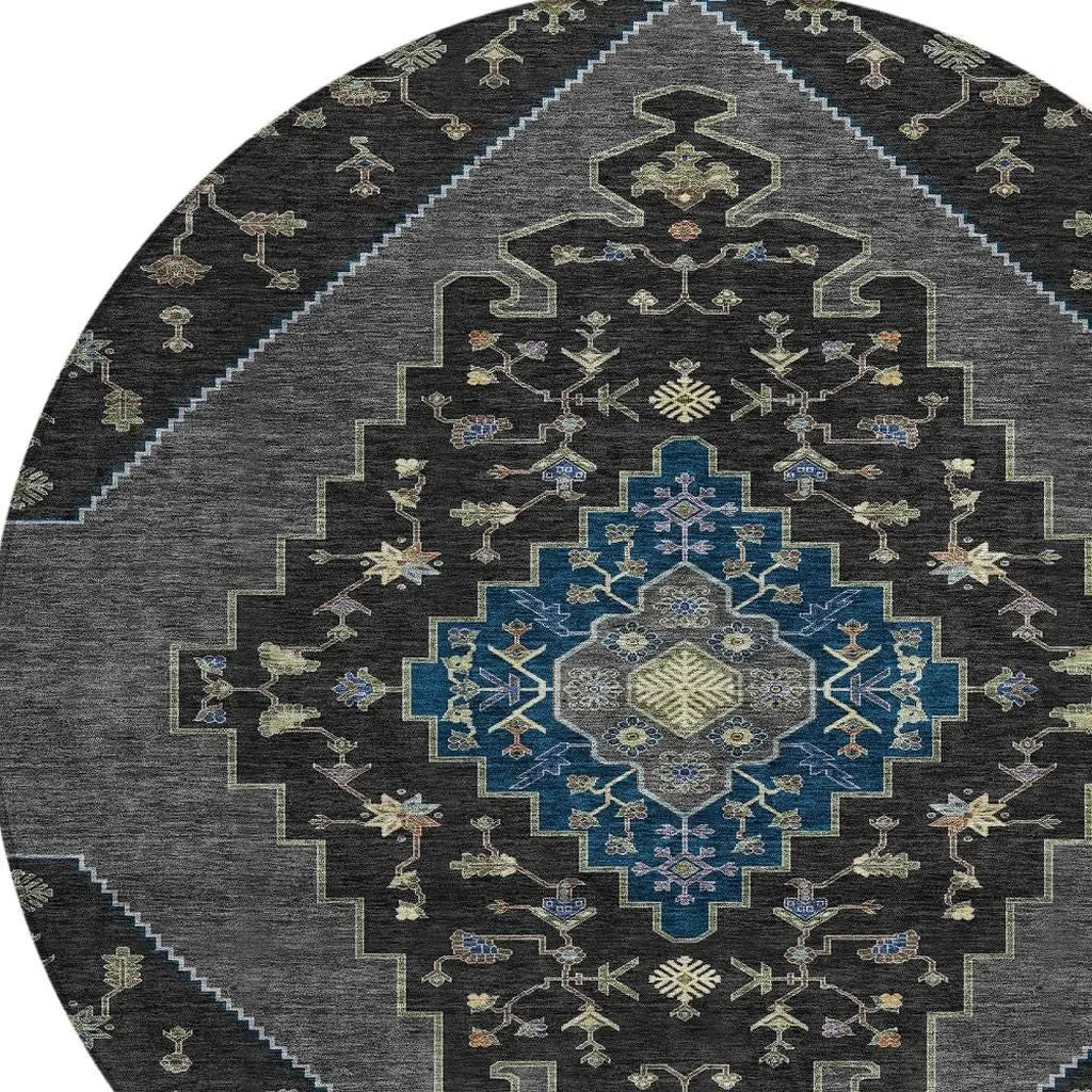 8' Black And Navy Blue Round Geometric Washable Indoor Outdoor Area Rug Homeroots Outdoor