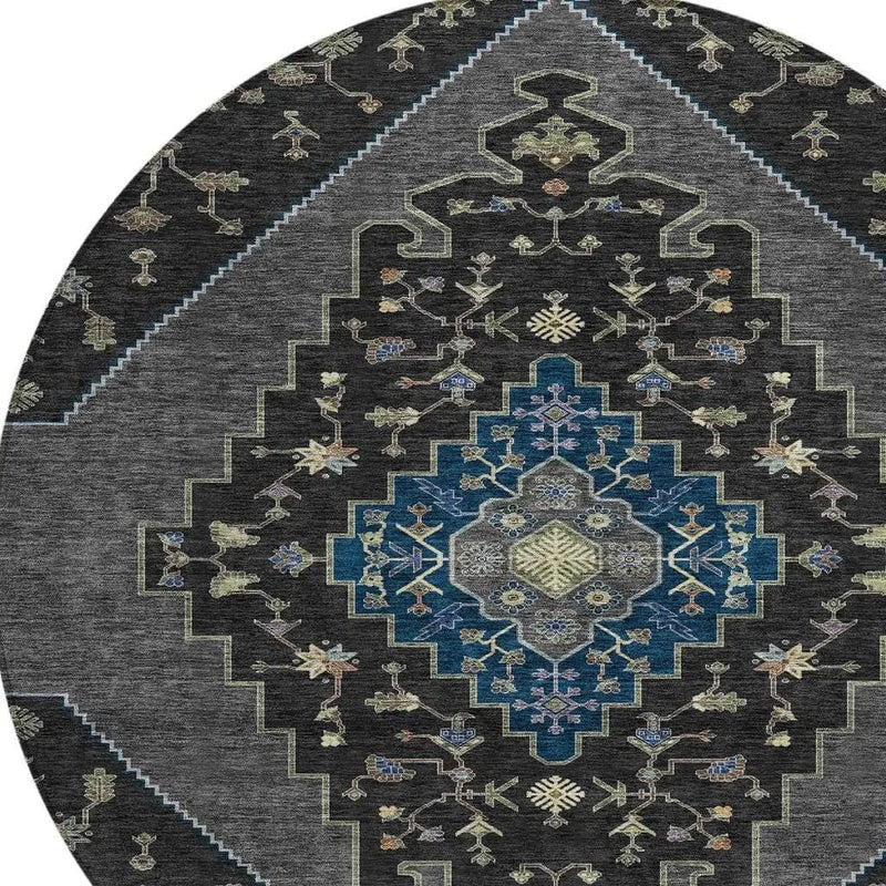 8' Black And Navy Blue Round Geometric Washable Indoor Outdoor Area Rug Homeroots Outdoor