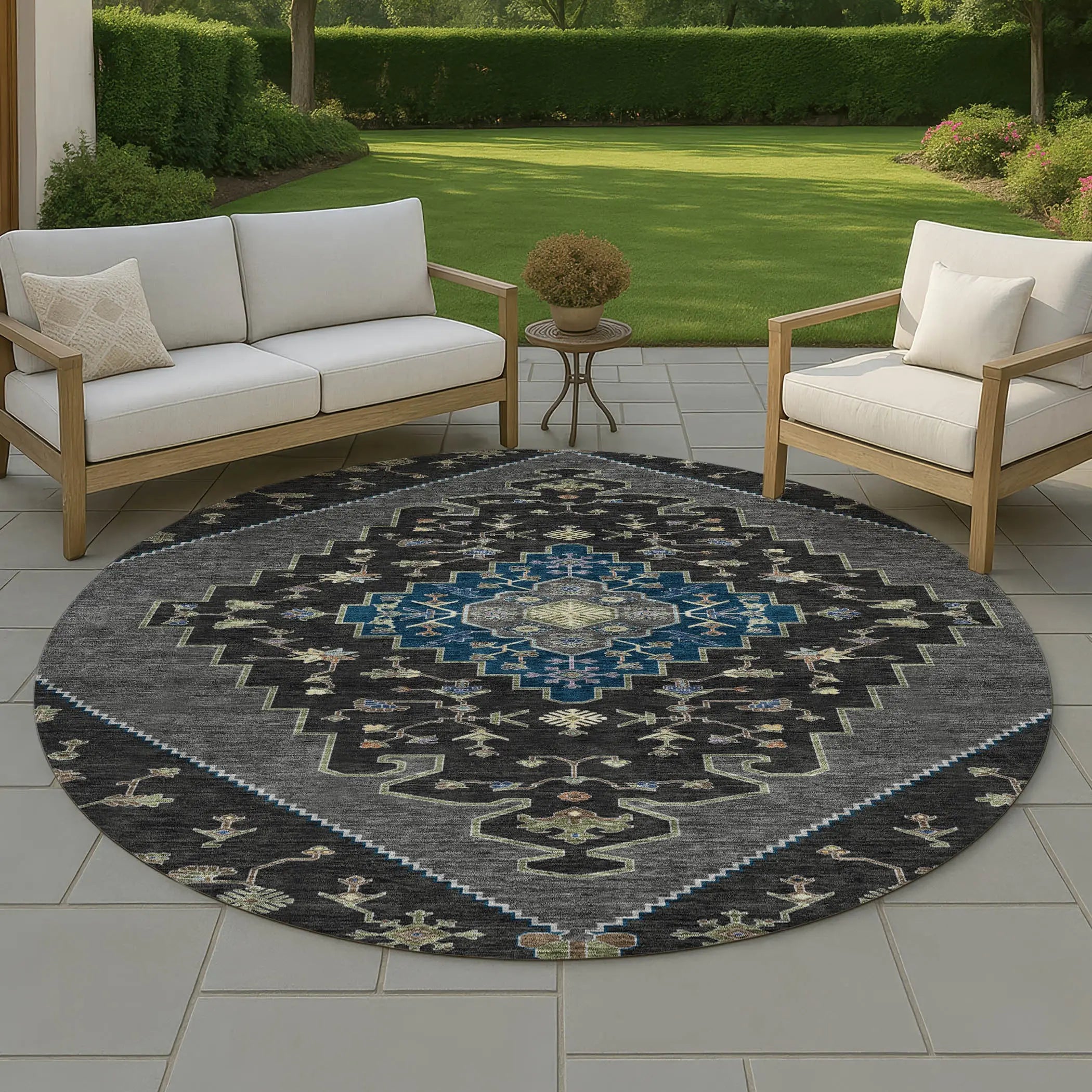 8' Black And Navy Blue Round Geometric Washable Indoor Outdoor Area Rug Homeroots Outdoor